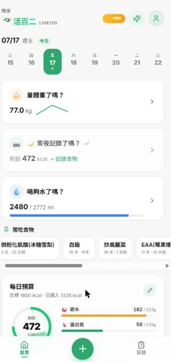 活百二 Live120 App 首頁截圖 · 每日預算、飲水、體重與常吃食物